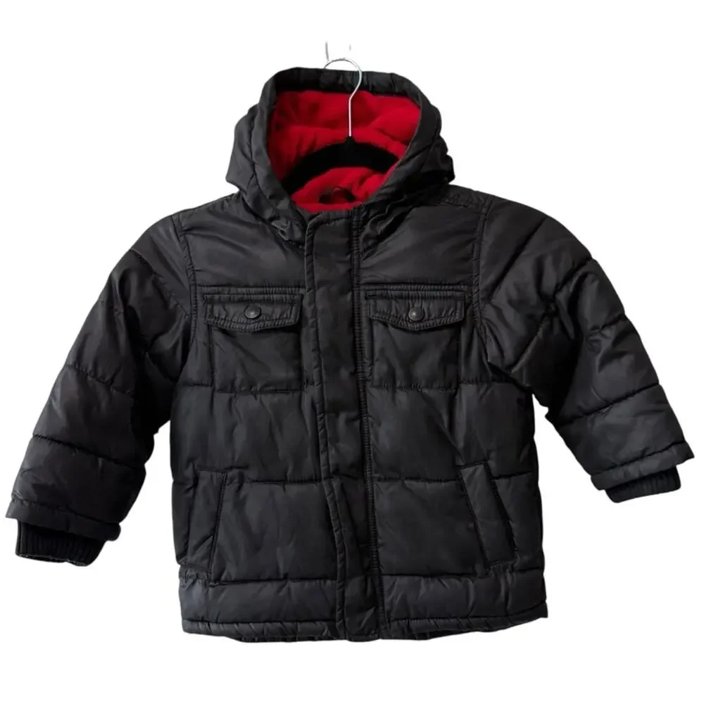 Old Navy Hooded Puffer Jacket with Bright Red Interior Black Size 3T